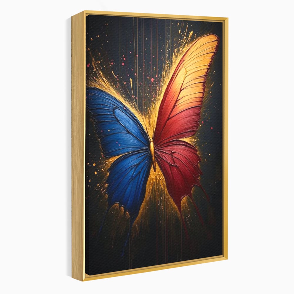 Tablou canvas cu tablou canvas cu fluture colorat, in rama de aluminiu auriu